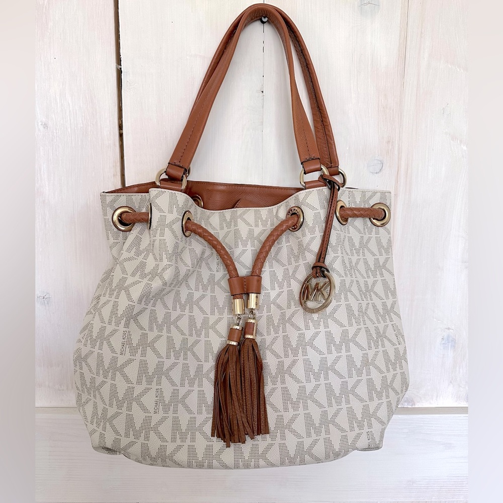 Michael Kors Brown & Cream Logo Drawstring Tote - Picture 13 of 13